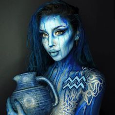 Aquarius Makeup, Water Maiden, Halloween Makeup Witch, Body Painting Festival, Creepy Halloween Makeup, Hair Dyed, Halloween Contact Lenses, Cute Halloween Makeup, Halloween Makeup Diy