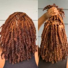 Short Faux Locs With Color, Colored Locs With Curly Ends, Loc Color Inspiration, Copper Dyed Locs, Carmel Brown Locs, Comb Coil Locs 4c Hair, Natural Locs With Color, Cinnamon Colored Locs, Starter Locs Color Ideas