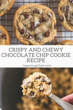 chocolate chip cookie cookies on a cooling rack with text overlay reading crispy and chewy chocolate chip cookie recipe