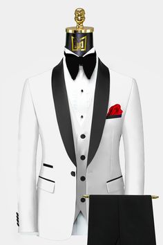 White Tuxedo Black Lapel, Black And White Tuxedo Wedding, White Tuxedo For Men, White And Black Tuxedo, Hero Decorations, Wedding Tuxes, Tailored Wedding Suit, Purple Prom Suit, Pink Prom Suit