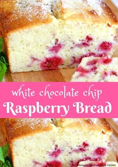 white chocolate chip raspberry bread is cut into slices