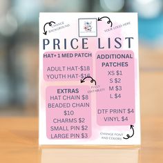 a price list for a hat - med patch sits on a wooden table in front of a blurry background