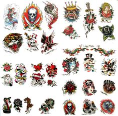 an assortment of tattoo designs on a white background with lots of different colors and shapes