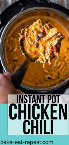 instant pot chicken chili in a crock pot with text overlay that reads instant pot chicken chili