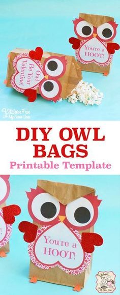 an owl bag with the words diy owl bags printable template on it and some popcorn