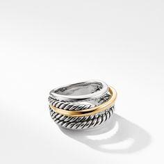 From David Yurman, the Crossover(R) Collection explores the rhythmic weaving of line to create form and movement. Using a dynamic range of smooth and cabled cords, the individual strands are meticulously entwined. Sterling Silver and 14-karat Yellow Gold Ring, 8-15mm Ring Size 9 Style Number: R09458 S49 Crossover Ring, Gold Collection, David Yurman, Yellow Gold Rings, Crossover, Shop Earrings, Ring Designs, Fashion Rings, Women Rings