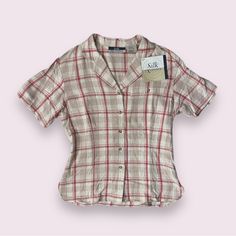 New With Tags! Vintage Silk Exchange 100% Silk Tan And Red Plaid Short Sleeve Button Down Shirt. Size M. Plaid Camp Collar Tops With Relaxed Fit, Red Top With Button Closure And Camp Collar, Red Camp Collar Top With Button Closure, Scarecrow Halloween, Short Sleeve Flannel, White Long Sleeves, Purple Crop Top, Black Seamless, Boho Shirts