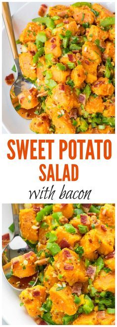 sweet potato salad with bacon in a white bowl