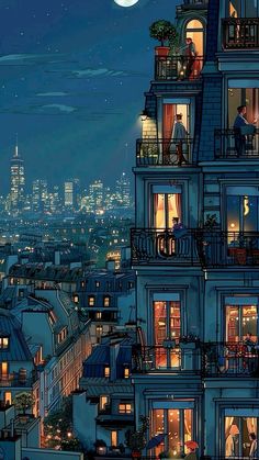 an image of a city at night with the moon in the sky and people sitting on windows