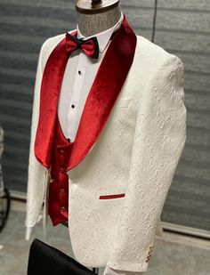 Available Size: 46-48-50-52-54-56 Suit Material: 70% Wool, 30% Viscose Machine Washable: No Fitting: Slim-Fit Cutting: Double Slits, Two Button Package Include: Suit Clothes: Jacket, Vest and Pants Gifts: Shirt and Bow Tie Wedding 3 Piece Suit, Designer Tuxedo, White Wedding Suit, Tuxedo Colors, Red Tuxedo, White Tux, Clothes Jacket, Velvet Shawl, Pants Gift