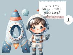 a boy in an astronaut suit standing next to a space rocket with a sign that says as for astronauts, single clipart