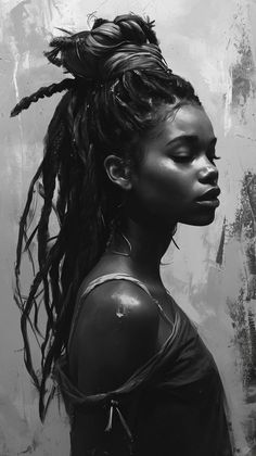 a black and white photo of a woman with dreadlocks on her head, looking off to the side