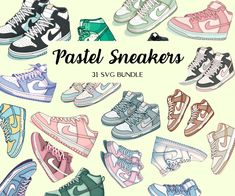 a bunch of sneakers that are all in different colors and sizes, with the words pastel sneakers on them