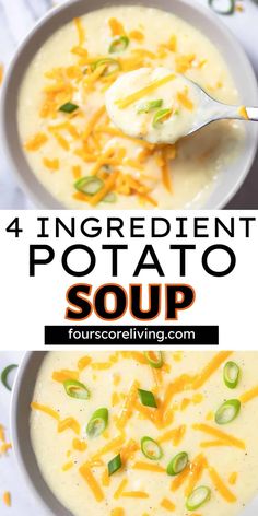 four ingredient potato soup with cheese and jalapenos in a white bowl on a table