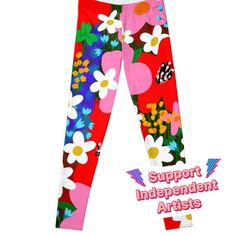 Super stretchy and durable polyester full-length leggings. Vibrant high-quality sublimation print across the front and back. Size range XXS-XL. Super fun, bright and happy "Flower Power"! Featuring the original hand drawn illustration by JJ of a gorgeous flower garden of white and pink daisies with pretty red poppies! ________________ © The Love Shop. Registered with the US copyright office. All rights reserved. Spring Graphic Print Stretch Leggings, Multicolor Printed Stretch Leggings, Stretch Multicolor Printed Leggings, Multicolor Graphic Print Stretch Leggings, Fitted Multicolor Graphic Print Leggings, Pretty Leggings, Pink Daisies, Flower Leggings, Cute Leggings