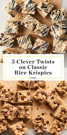 five different types of rice krispies with text overlay that reads 5 clever twists on classic rice krispies