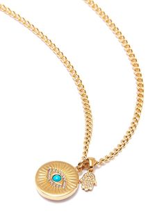 Necklace in Stainless Steel with Gold Plating Clear CZ Diamonds Chain Length: 17.5 Inches Product Code: WNECK_084 Designer's Notes A necklace full of protecting properties, this stunning piece features an evil eye and hamsa hand layered. The evil eye is believed to ward off any evil energies while the hamsa hand offers protection for its wearer. Please note that all our pieces are crafted by hand and one-of-a-kind, and may therefore vary slightly in size, shape, and color. Gold-tone Amulet Necklace With Round Pendant, Amulet Style Gold Plated Charm Necklace With Adjustable Chain, Gold Plated Amulet Charm Necklace With Adjustable Chain, Gold Plated Charms Necklace With Round Shape, Round Gold Plated Charms Necklace, Gold Plated Amulet Necklace, Round Charms Amulet Necklace, Amulet Style Adjustable Chain Necklace With Round Pendant, Yellow Gold Amulet Necklace With Lobster Clasp