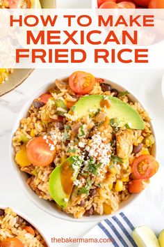 mexican fried rice with tomatoes, avocado and black beans in a white bowl