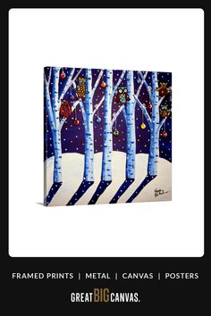 a painting of trees in the snow with christmas decorations on them and text that reads framed prints metal canvass posters great big canvases