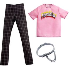 a pink shirt and plaid pants are next to a pair of scissors, headbands, and t - shirt