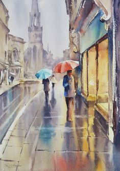 watercolor painting of people walking in the rain with umbrellas on a city street