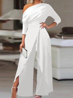 Women's Plain Long Sleeve Casual Spring/Fall Jersey Jumpsuit Jumpsuit Fitted, Casual Professional, Party Rompers, High Waisted Wide Leg Pants, Jumpsuit Party, Jumpsuit Elegant, Modieuze Outfits, Jumpsuit Fashion, Fashion Pattern