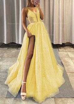 A Line V Neck Spaghetti Straps Long Floor Length Tulle Prom Dress Outfits For Women With Appliqued Glitter Split Left Yellow Floor-length Tulle Dress, Yellow Tulle Prom Gown, Yellow Prom Evening Dress With Sweep Train, Yellow Evening Dress With Sweep Train For Prom, Yellow Prom Dress With Sweep Train, Yellow V-neck Party Gown, Yellow Floor-length Dress With Sweep Train, Sweep Train Prom Dress, Navy Prom Dresses