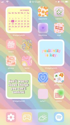 an iphone screen with various stickers and text on the bottom right corner, including don't worry about things you cant control