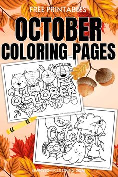 two coloring pages with autumn leaves and acorns on them, the title is free printable october coloring pages