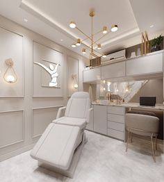 a white chair sitting in a room next to a desk and shelves with lights on it