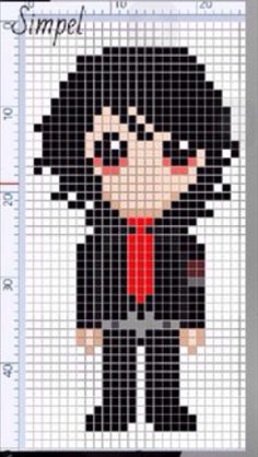 a cross stitch pattern with an image of a boy in black clothes and red shirt