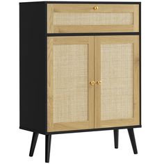 an image of a cabinet with wicker doors and black legs on white back ground