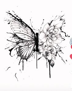 a black and white drawing of a butterfly with flowers on it's back side