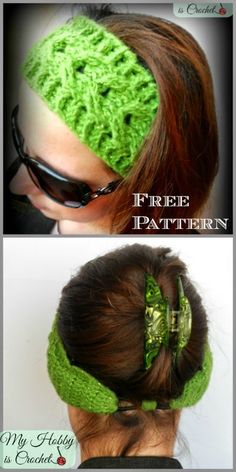 two pictures of a woman wearing a green headband with a bow in the middle