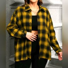 New Plus Size Plaid Print Long Sleeve Button Up Shirt, Size 1x, 25 In P2p, 100% Polyester Oversized Yellow Collared Tops, Trendy Yellow Shirt For Fall, Trendy Yellow Fall Shirt, Yellow Shirt With Button Closure For Fall, Casual Yellow Shirt For Fall, Oversized Yellow Tops With Button Closure, Trendy Yellow Button-up Shirt, Plus Size Plaid, Blue Drapes