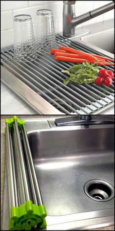 there are some vegetables that are on the grill and in front of the kitchen sink