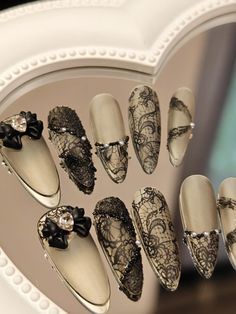 Black Lace Nails Designs, Dark Wedding Nails, Dark Coquette Nails, Nature Nails Designs, Black Lace Nails, Intricate Nail Designs, Ongles Goth, Nails Lace, Detailed Nails