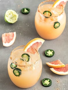 grapefruit margaritas with jalapenos and cucumber garnish