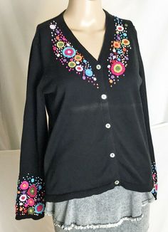 mfaboston Women's Embroidered Cardigan Sweater Size 8 - Black - 100% Cotton.   Armpit to armpit across the front measures 20".  Shoulder to hem is 22".  Sleeves are 23" from top of shoulder.  This beautiful sweater has one flaw - a line of fading across the front.  Otherwise in very good pre-owned condition - See Photos for further description. Questions welcome! Black Embroidered Long Sleeve Cardigan, Casual Embroidered Black Cardigan, Casual Black Embroidered Cardigan, Embroidered Cardigan, Beautiful Sweater, Cardigan Sweater, Sweater Cardigan, Sweater Sizes, Tunic Tops