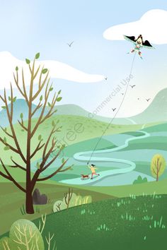 a person flying a kite over a lush green field next to a river and forest