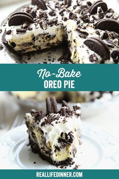 no - bake oreo pie on a white plate with an oreo cookie crust