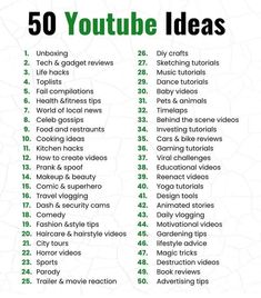 the 50 youtuber ideas list is shown in green and white