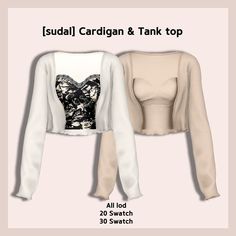 the cardigan and tank top are both available in white or black, with an open back