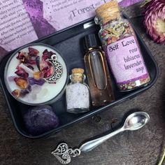 Bring the magic to your home with this Self-love miniature altar kit! This all-in-one package includes Amethyst, a candle, herbs, salt, Florida water, and a small spoon to help make your practice complete. A perfect gift for anyone looking to bring a little bit of mystery and power into their lives! Our travel altars contain everything you need to set up an altar wherever you are. Their contents can be used in conjunction with most types of ritual or spellwork, or however you see fit. Each kit c Garden Sage, Travel Altar, Amethyst Candle, Magic Crafts, Florida Water, Lavender Garden, Lavender Sage, Herbal Magic, Small Spoon