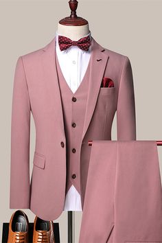 Elegant Slim Fit Suits With Buttons, Fitted Pink Tuxedo For Groom, Pink Fitted Tuxedo For Groom, Elegant Pink Slim Fit Suits, Pink Tailored Tuxedo, Pink Fitted Tuxedo For Business, Elegant Pink Groom's Suit, Elegant Pink Tuxedo For Semi-formal Occasions, Elegant Pink Blazer For Groom