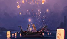 two people on a boat with lanterns floating in the air