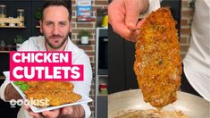 a man is holding up a chicken cutlet in front of the camera and then he holds it out