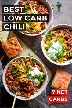 the best low carb chili recipe is shown in three bowls