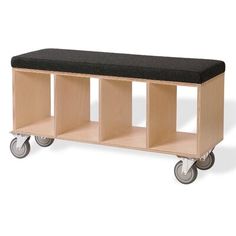 a wooden bench with wheels and a black cushion