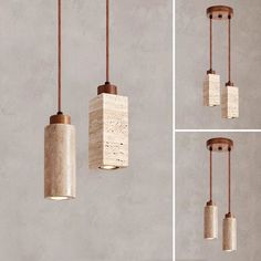 three different types of lights hanging from the ceiling, one is made out of concrete